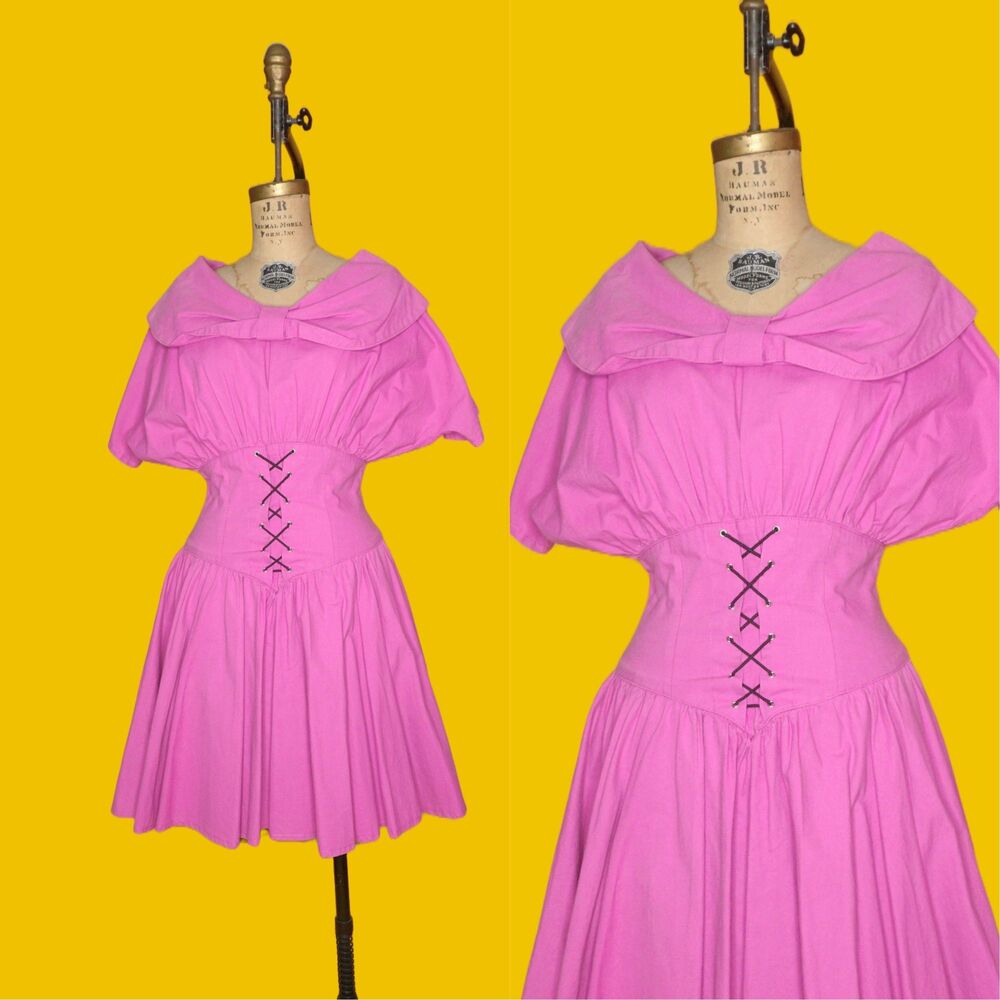 1980s Cotton Pink CORSET Waist Full Skirt TULLE BATWING Short Sleeve Dress. S-M